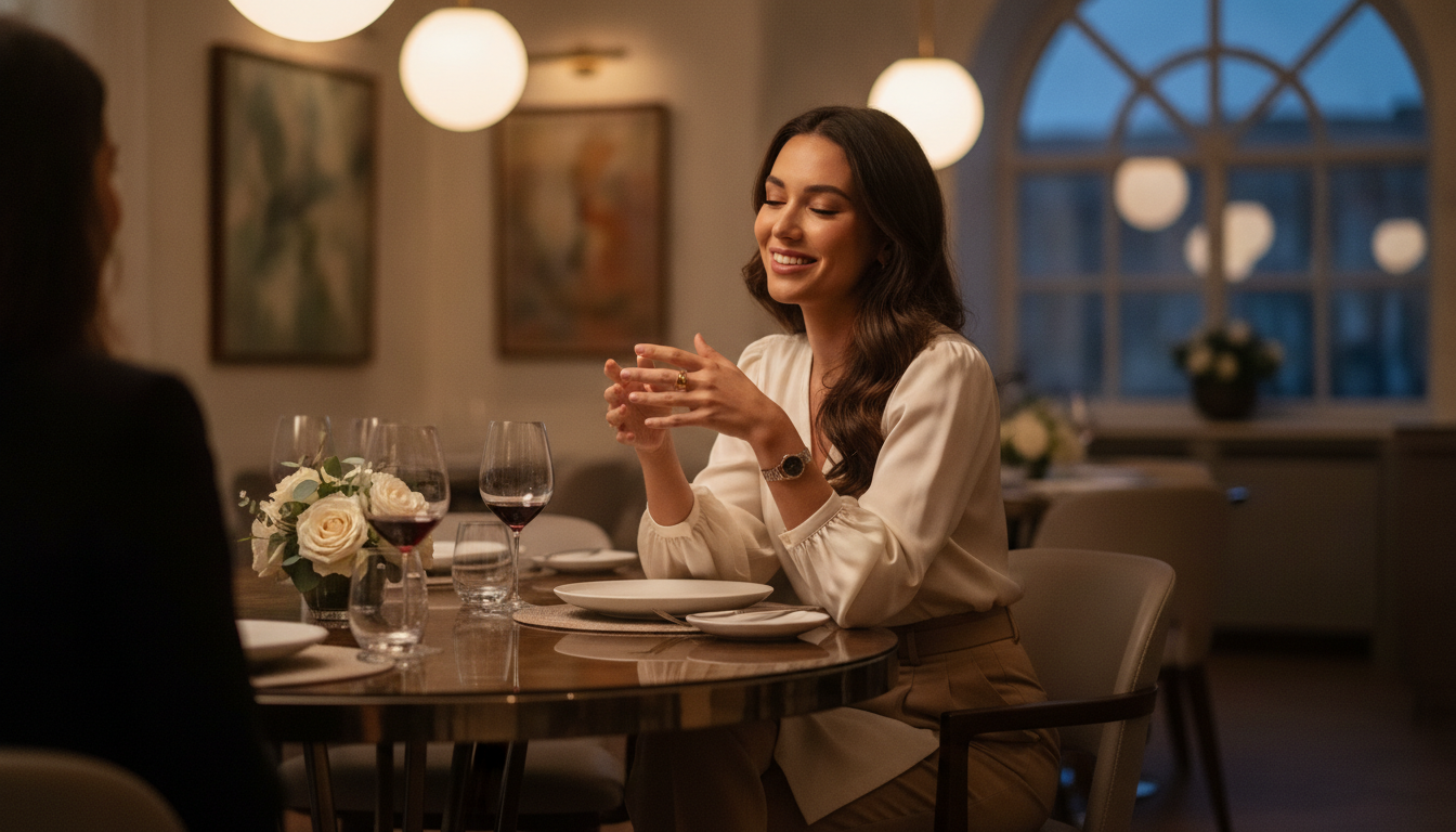 Mujer elegante riendo relajada durante una conversación en un restaurante con estilo
