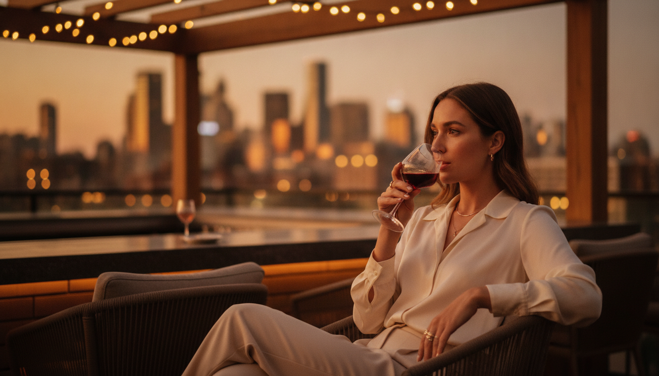 Entspannte Frau genießt einen Abend an einer Rooftop-Bar mit Skyline-Blick