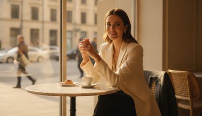Selbstbewusste Frau lächelt entspannt bei einem Date im sonnigen Café